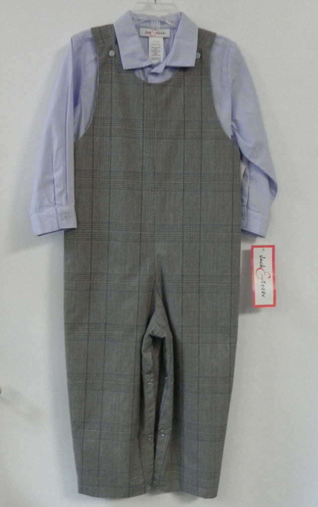 New! Jack & Teddy size 4T two-piece set with light blue oxford cotton long sleeve shirt and gray/blue plaid long all. Our Price $30